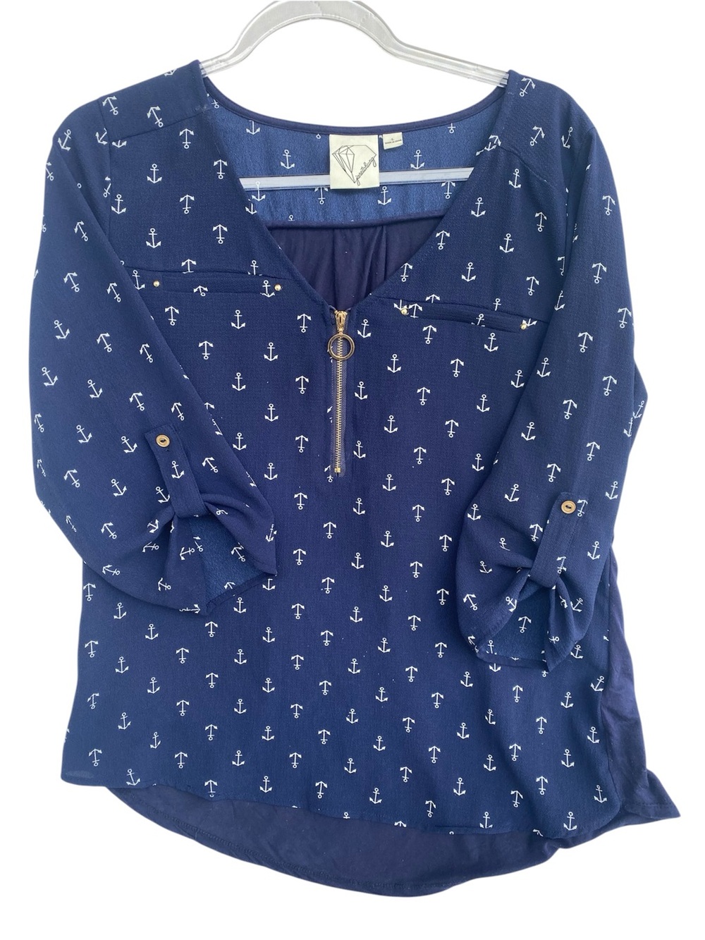 Janetchung Large Navy Anchor Print Zip-Front Women's Blouse
